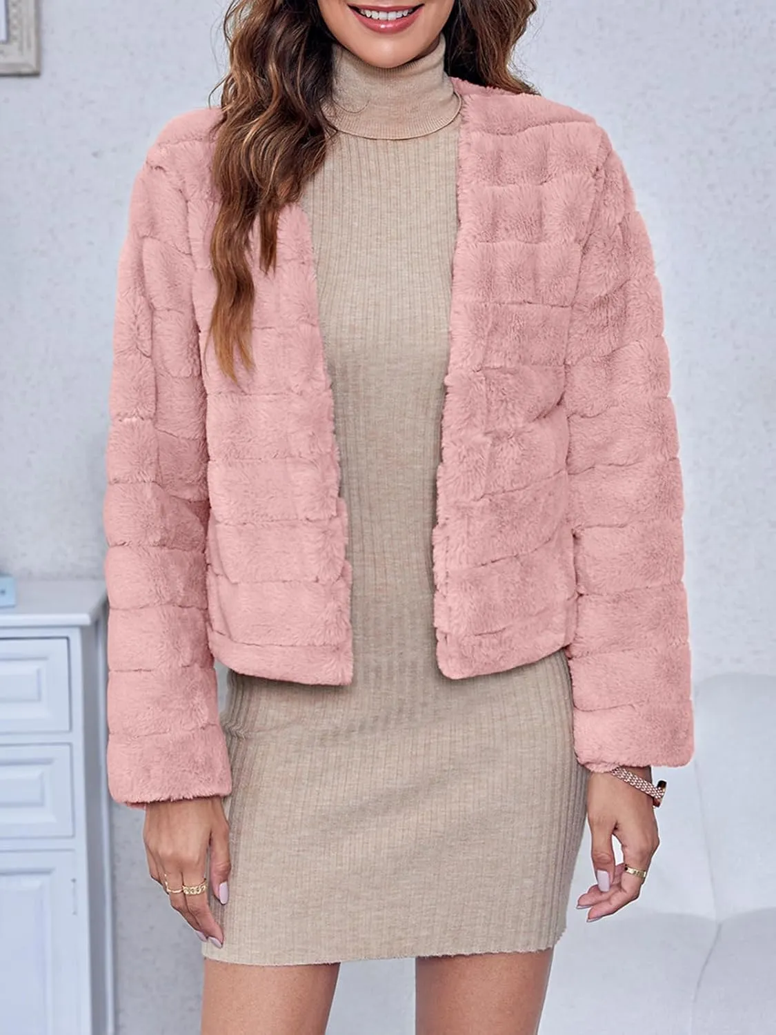 Fisoew Womens Cropped Faux Fur Jackets Long Sleeve Open Front Fluffy Short Coats