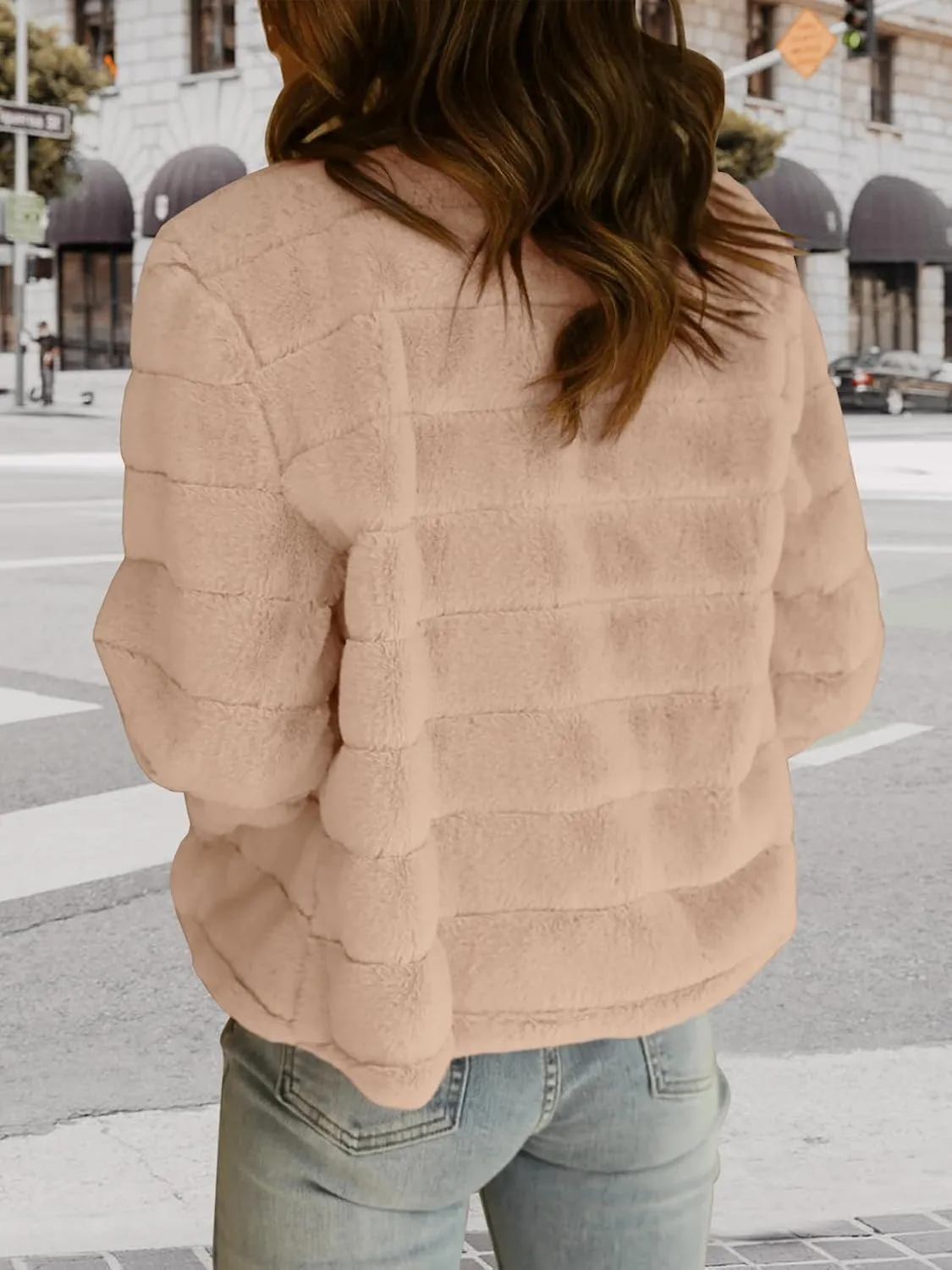 Fisoew Womens Cropped Faux Fur Jackets Long Sleeve Open Front Fluffy Short Coats