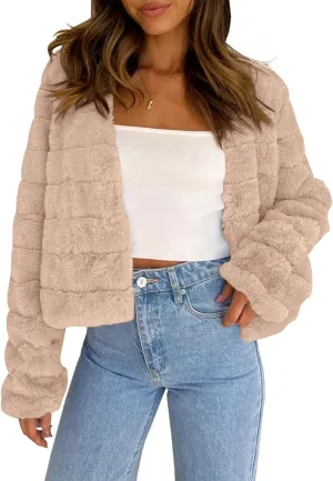Fisoew Womens Cropped Faux Fur Jackets Long Sleeve Open Front Fluffy Short Coats