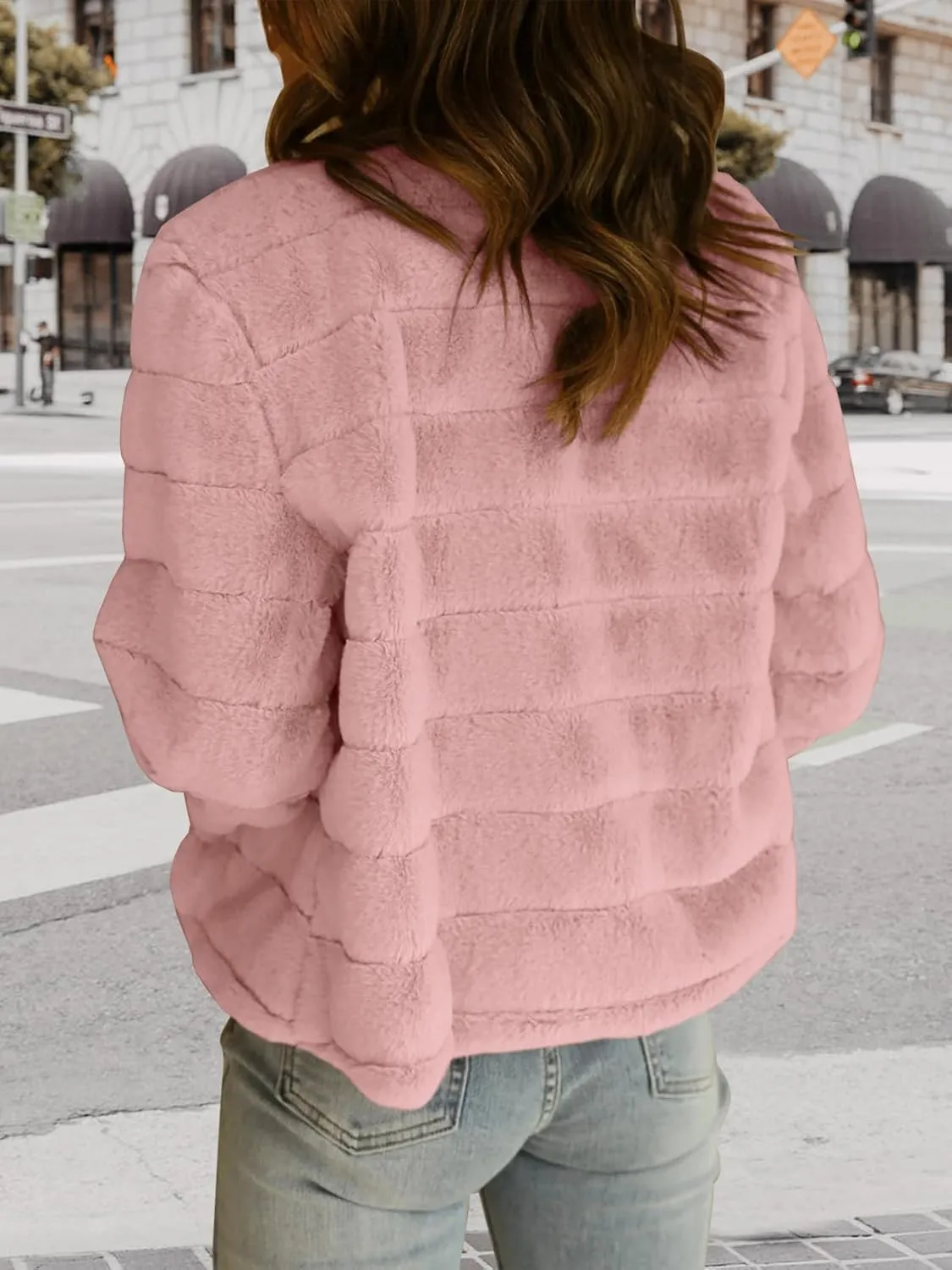 Fisoew Womens Cropped Faux Fur Jackets Long Sleeve Open Front Fluffy Short Coats