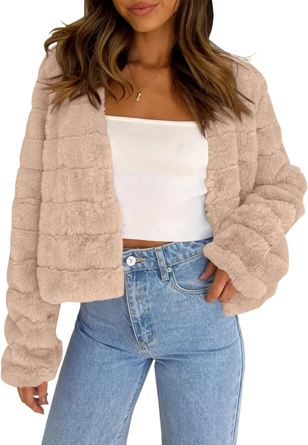Fisoew Womens Cropped Faux Fur Jackets Long Sleeve Open Front Fluffy Short Coats