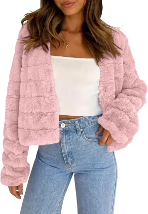 Fisoew Womens Cropped Faux Fur Jackets Long Sleeve Open Front Fluffy Short Coats