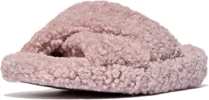 FitFlop iQushion D Luxe Teddy Cross Slides for Women - Women's Cozy Fleece Comfort Sandals, Indoor Outdoor Slippers with Arch Support, Ultra Light Cushioning, Slip Resistant Sole
