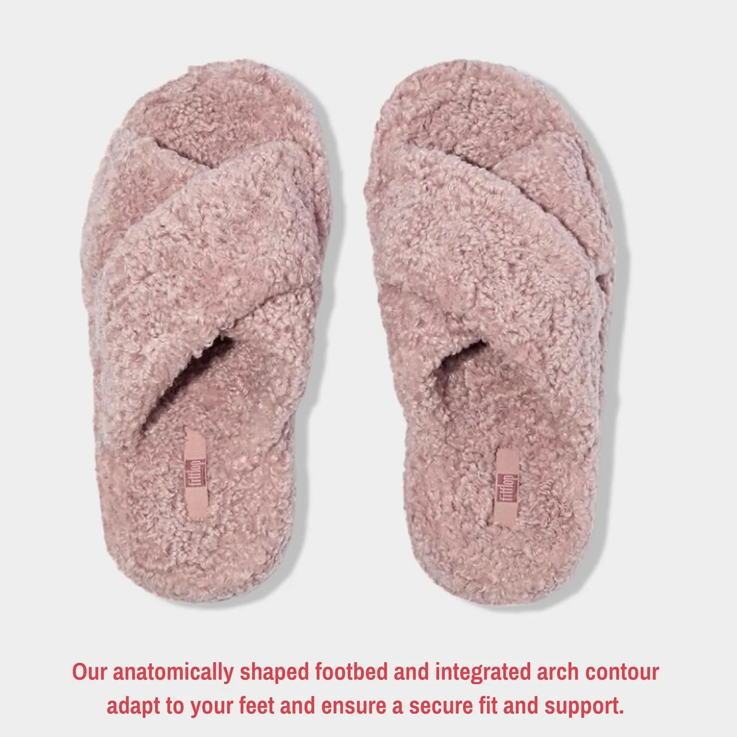 FitFlop iQushion D Luxe Teddy Cross Slides for Women - Women's Cozy Fleece Comfort Sandals, Indoor Outdoor Slippers with Arch Support, Ultra Light Cushioning, Slip Resistant Sole