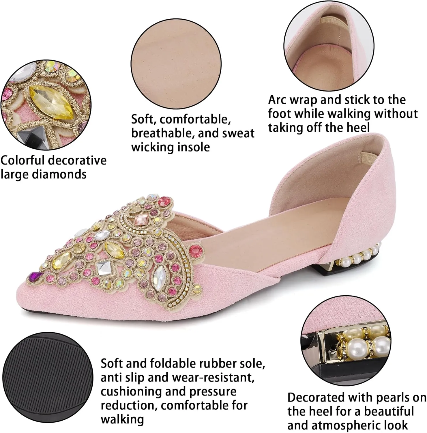 Flats for Women Fashion Ballet Flats Wedding Dress Shoes Bling Rhinestone Pointed Flats Comfort Slip on Low Heel Dress Flat Shoes