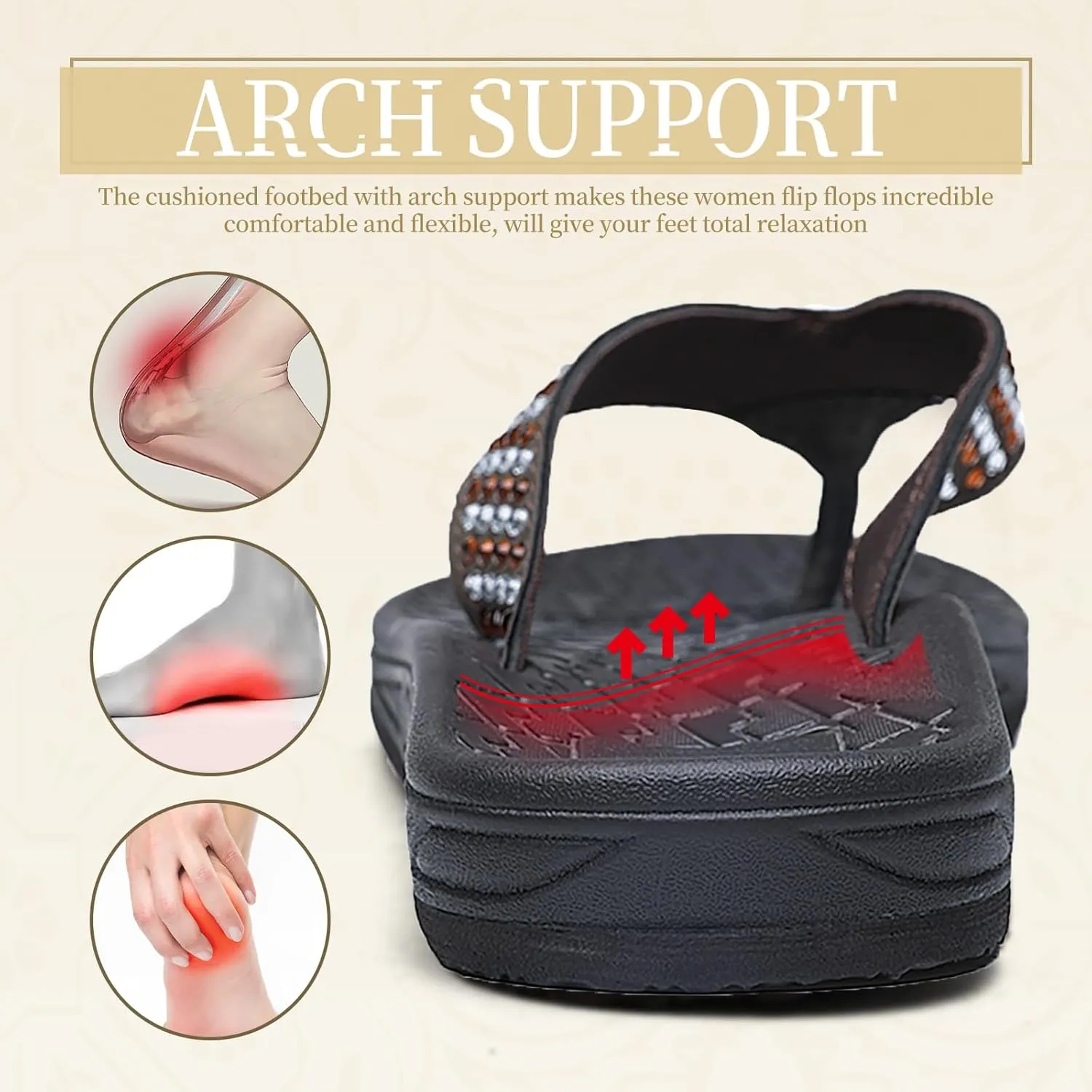 Flip Flops for Women with Arch Support Rhinestone Comfortable Summer Beach Walking Thong Sandals Orthotic Rubber Soles Flip Flop Slippers Slip On Indoor Outdoor