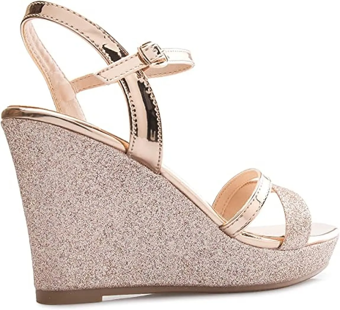 Forever FQ22 Women's Glitter Strappy Wrapped Wedge Heel Platform Sandals