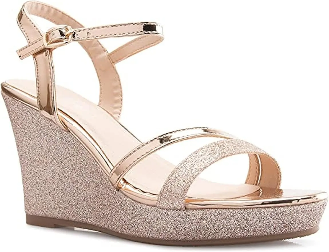 Forever FQ22 Women's Glitter Strappy Wrapped Wedge Heel Platform Sandals
