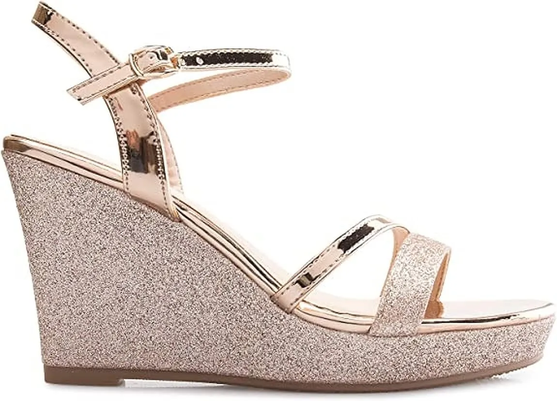 Forever FQ22 Women's Glitter Strappy Wrapped Wedge Heel Platform Sandals