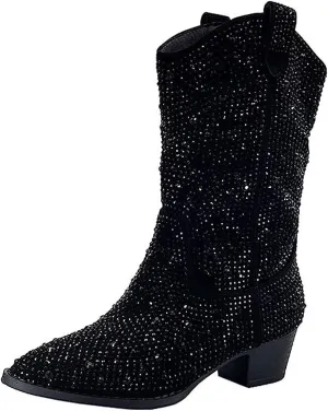 Forever Girls/Kids Rhinestone Western Cowgirl Cowboy Pointed Toe Low Heel Boots