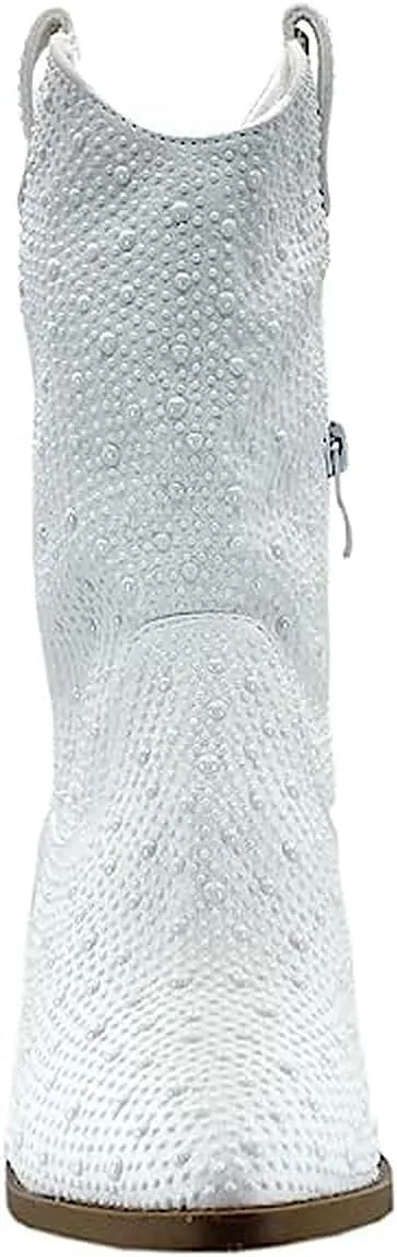 Forever Girls/Kids Rhinestone Western Cowgirl Cowboy Pointed Toe Low Heel Boots