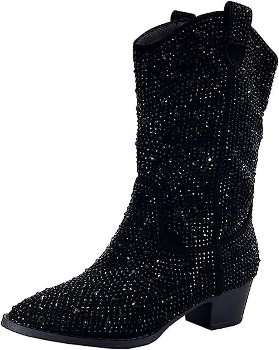 Forever Girls/Kids Rhinestone Western Cowgirl Cowboy Pointed Toe Low Heel Boots