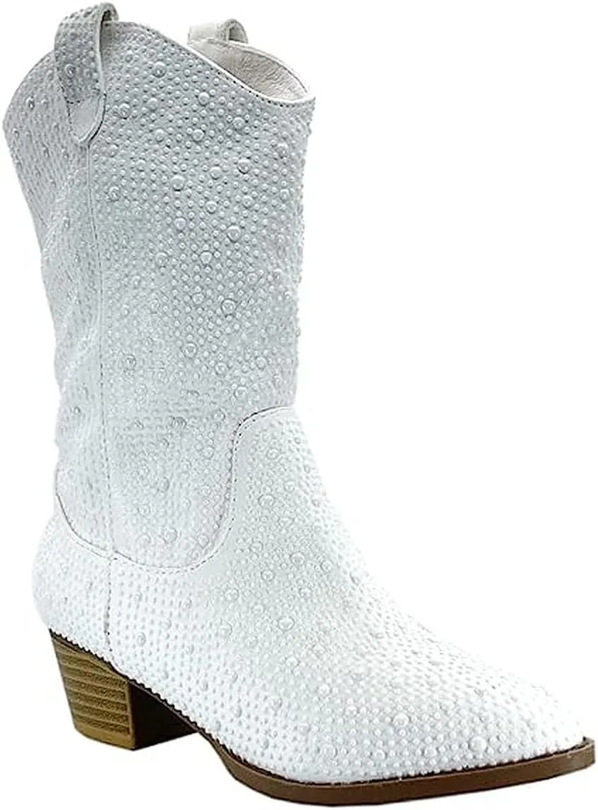 Forever Girls/Kids Rhinestone Western Cowgirl Cowboy Pointed Toe Low Heel Boots