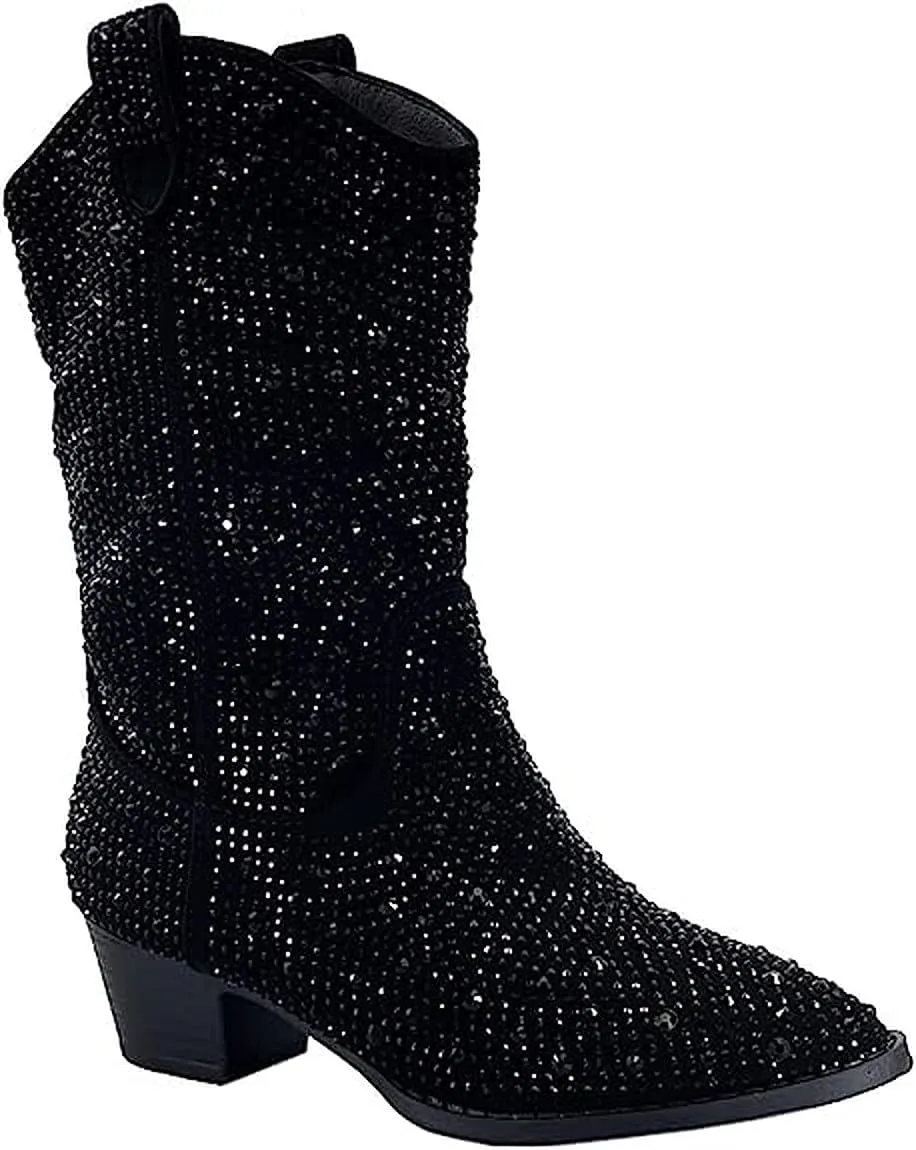 Forever Girls/Kids Rhinestone Western Cowgirl Cowboy Pointed Toe Low Heel Boots