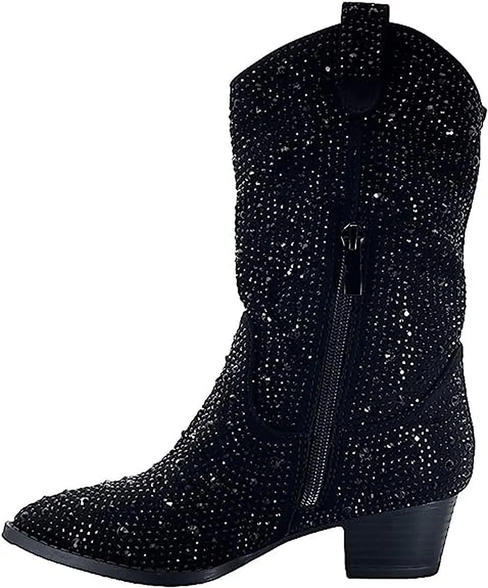 Forever Girls/Kids Rhinestone Western Cowgirl Cowboy Pointed Toe Low Heel Boots