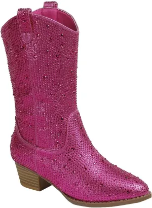 Forever Girls/Kids Rhinestone Western Cowgirl Cowboy Pointed Toe Low Heel Boots