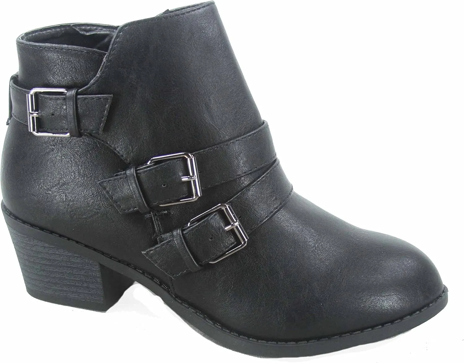 Forever Link Eury-4 Women's Fashion Round Toe Buckles Zipper Low Heel Ankle Booties Shoes