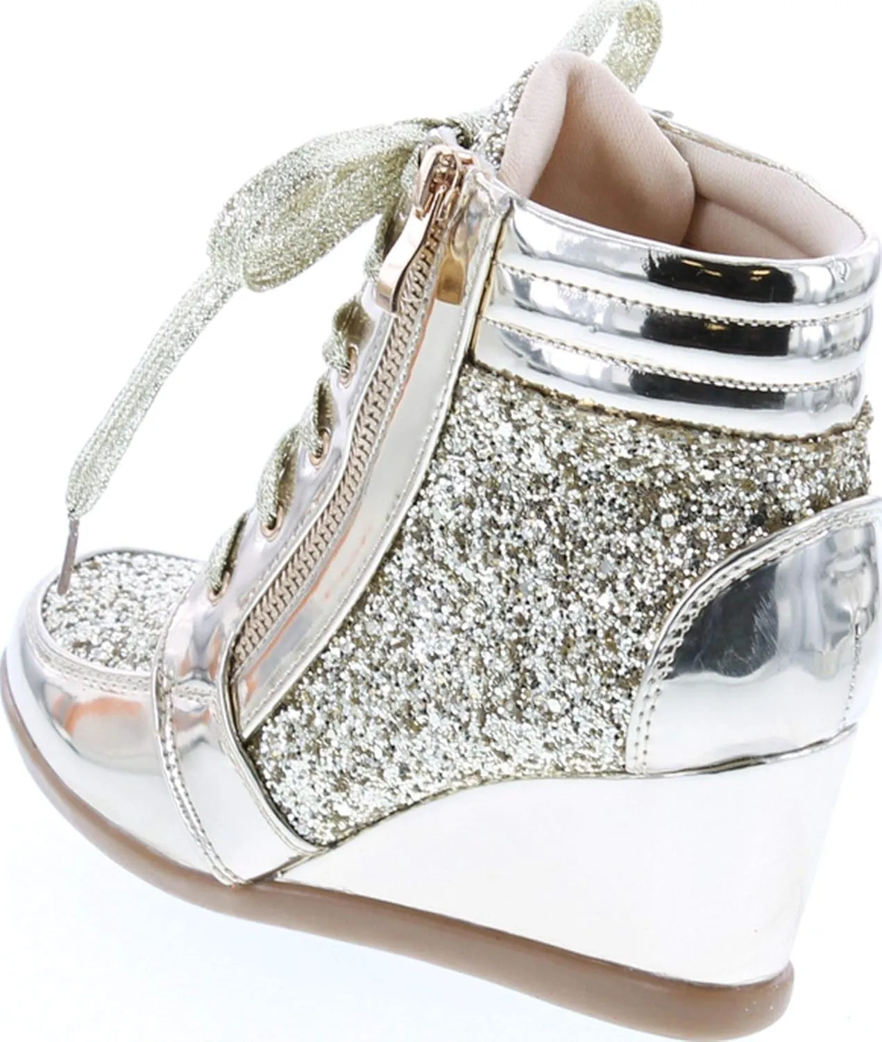 Forever Link Women's Fashion Glitter High Top Lace Up Wedge Sneaker Shoes