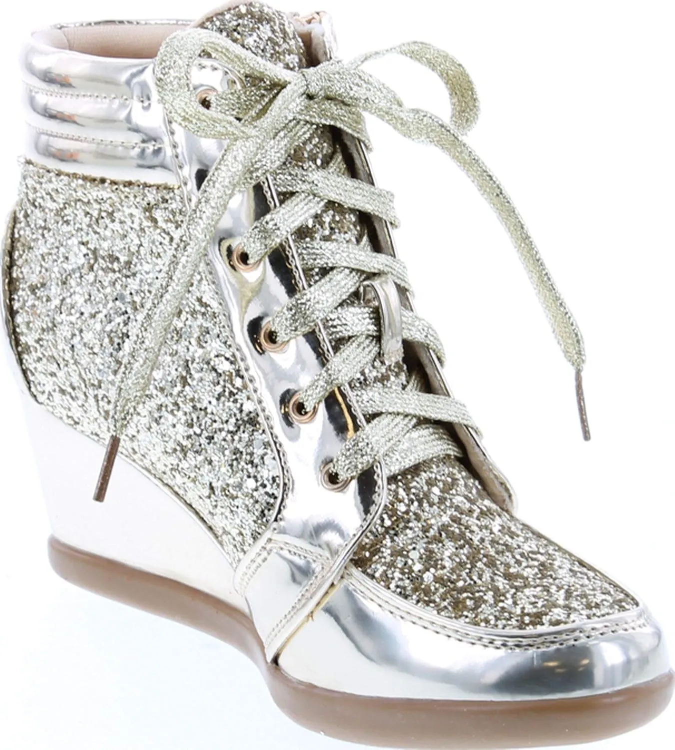 Forever Link Women's Fashion Glitter High Top Lace Up Wedge Sneaker Shoes