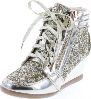 Forever Link Women's Fashion Glitter High Top Lace Up Wedge Sneaker Shoes