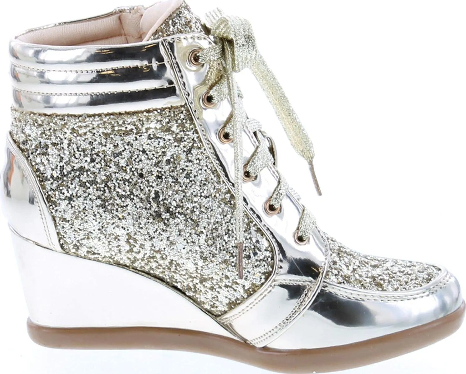 Forever Link Women's Fashion Glitter High Top Lace Up Wedge Sneaker Shoes
