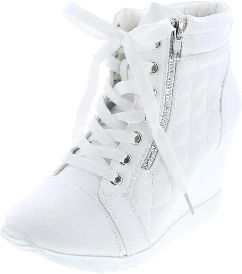 Forever Link Women's Fashion Glitter High Top Lace Up Wedge Sneaker Shoes