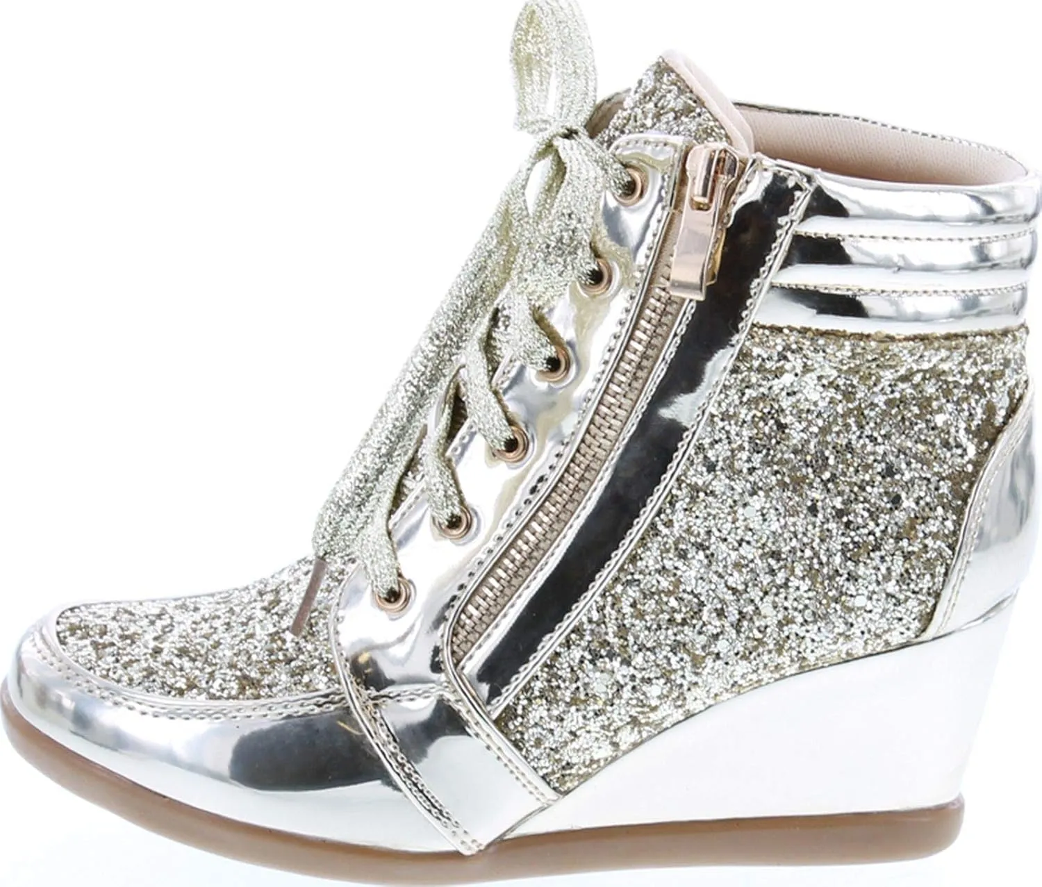Forever Link Women's Fashion Glitter High Top Lace Up Wedge Sneaker Shoes