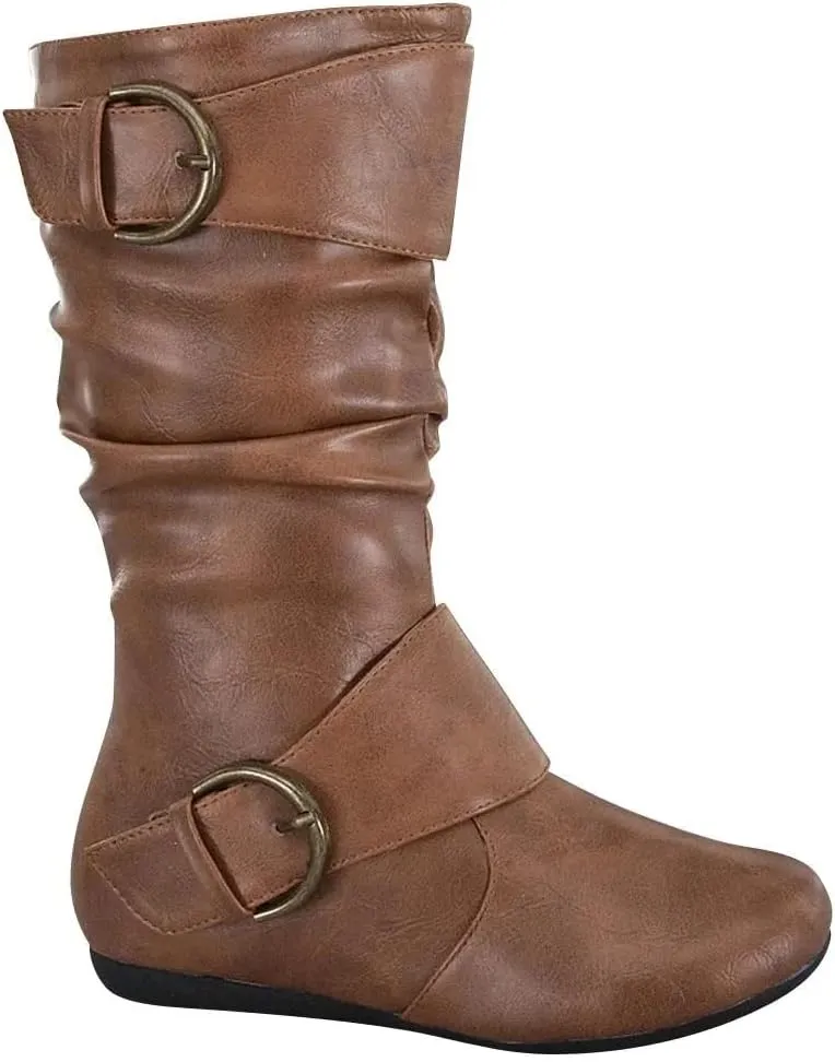 Forever Link Women's Klein-70 Closed Round Toe Buckle Slouch Flat Heel Mid-Calf Boot