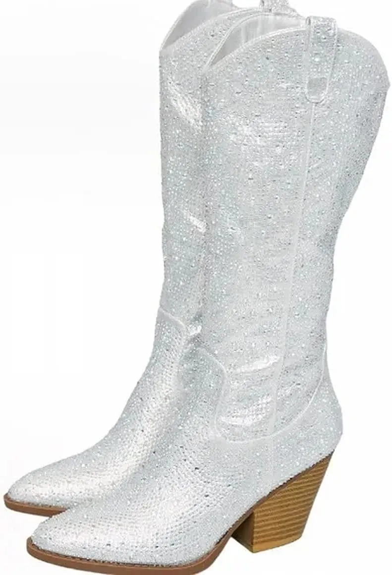 Forever Women Rhinestone Western Cowboy Pointed Toe Knee High Pull-on Boots