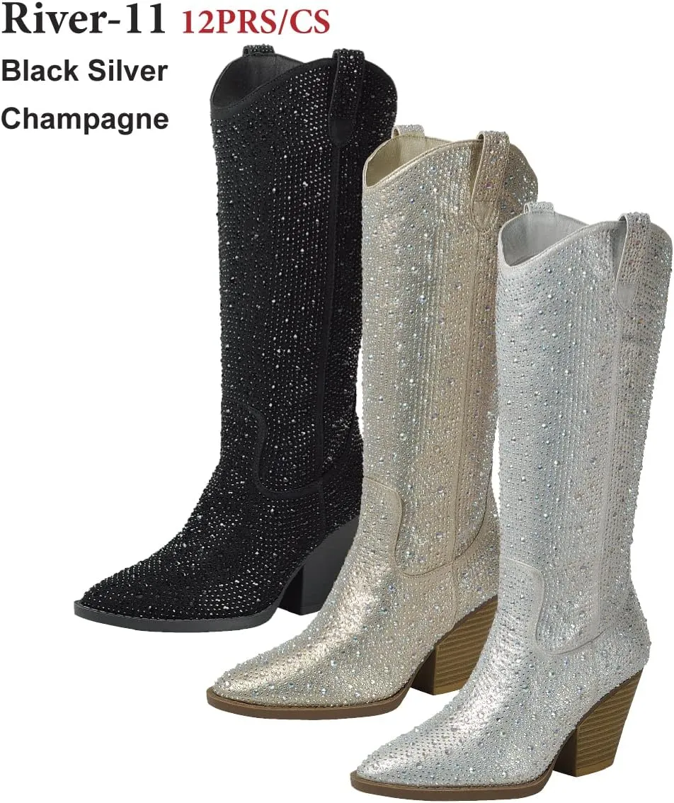 Forever Women Rhinestone Western Cowboy Pointed Toe Knee High Pull-on Boots