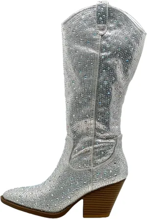 Forever Women Rhinestone Western Cowboy Pointed Toe Knee High Pull-on Boots