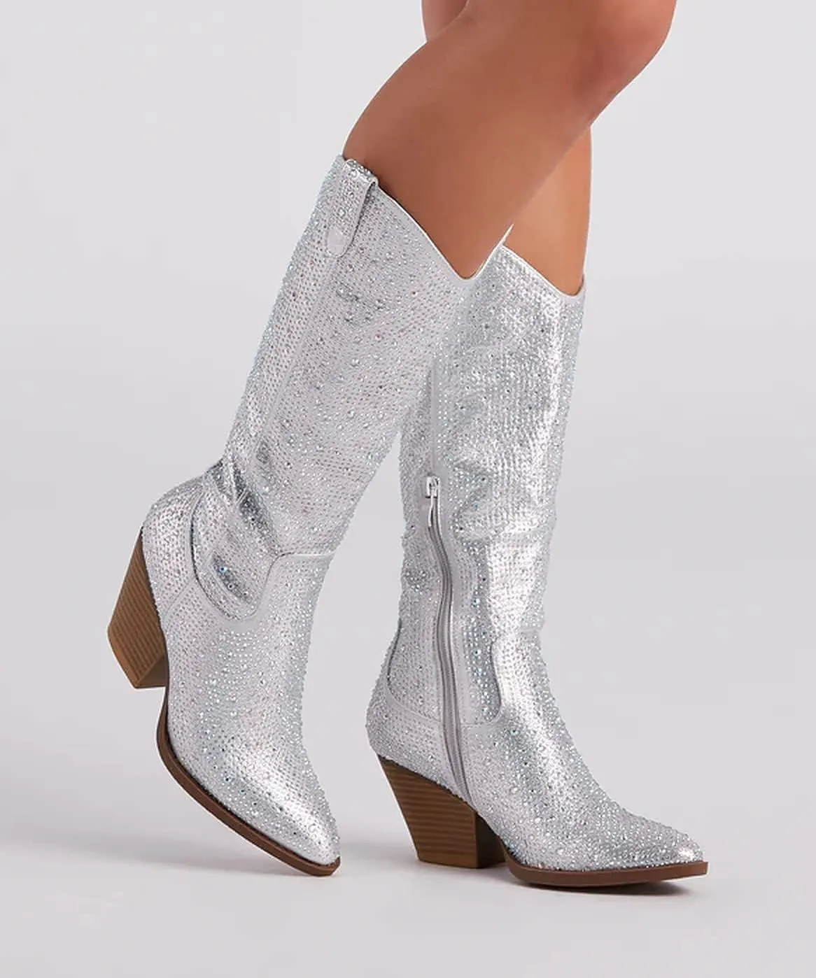 Forever Women Rhinestone Western Cowboy Pointed Toe Knee High Pull-on Boots
