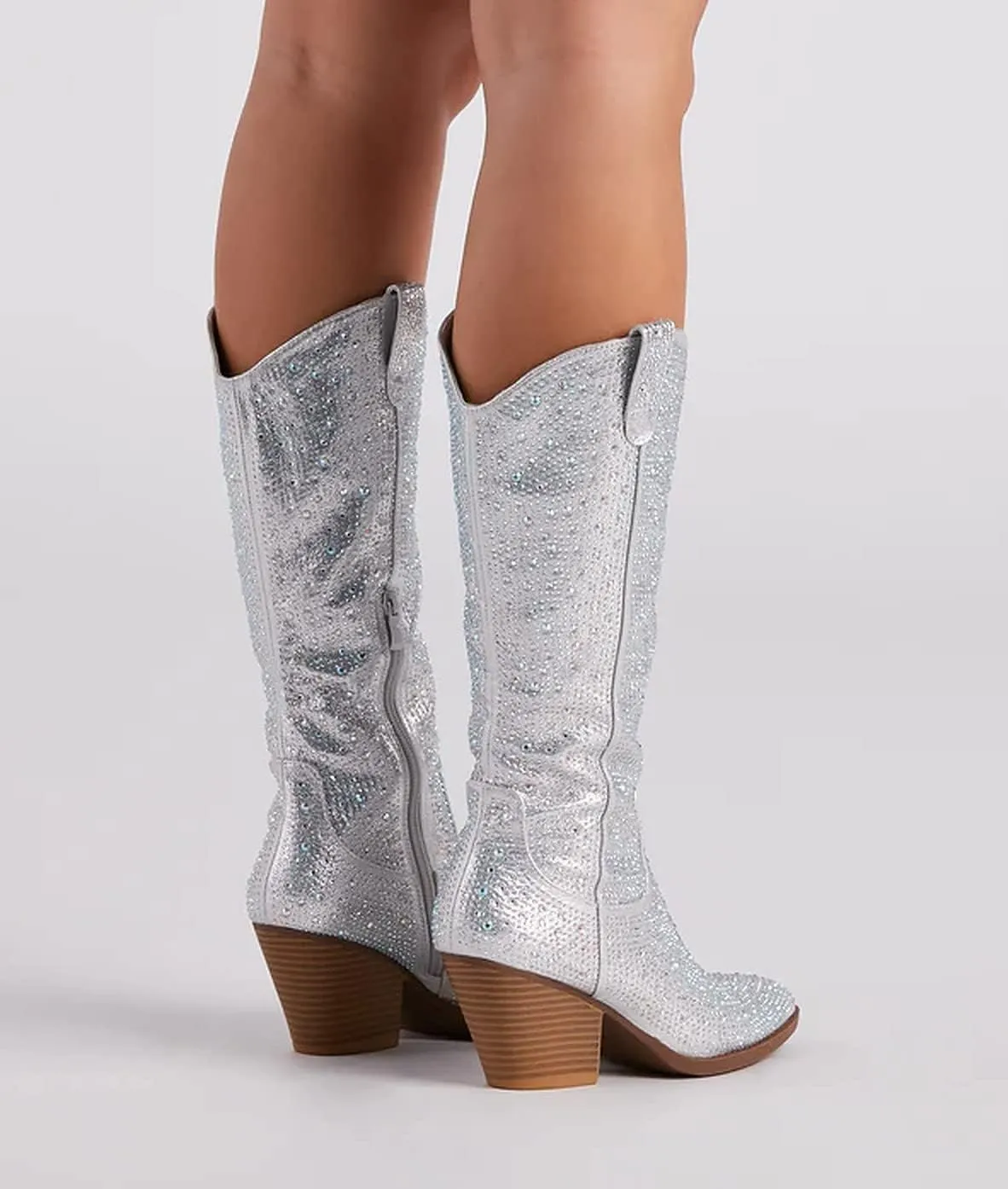 Forever Women Rhinestone Western Cowboy Pointed Toe Knee High Pull-on Boots