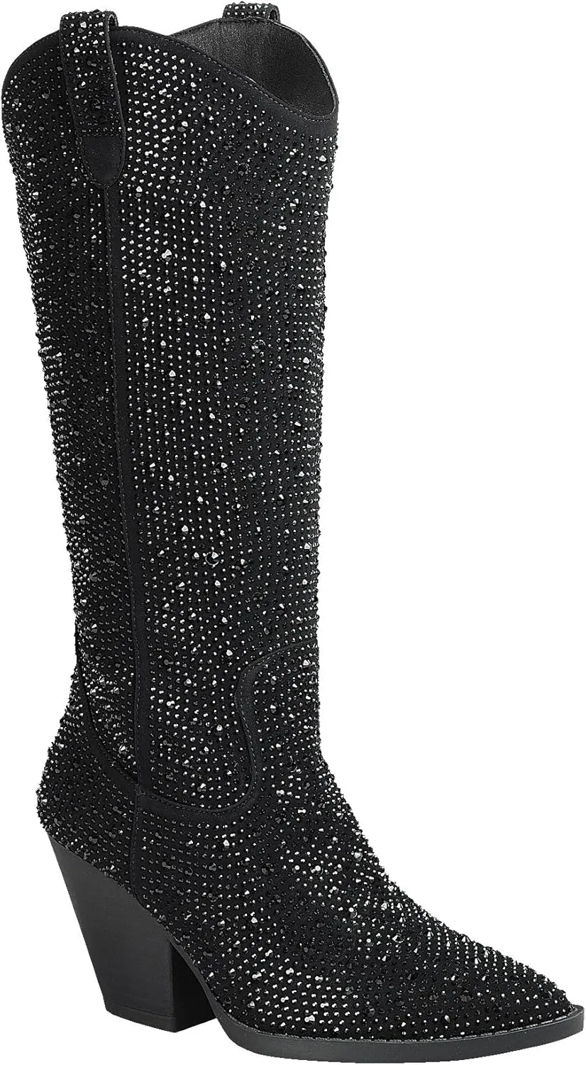Forever Women Rhinestone Western Cowboy Pointed Toe Knee High Pull-on Boots