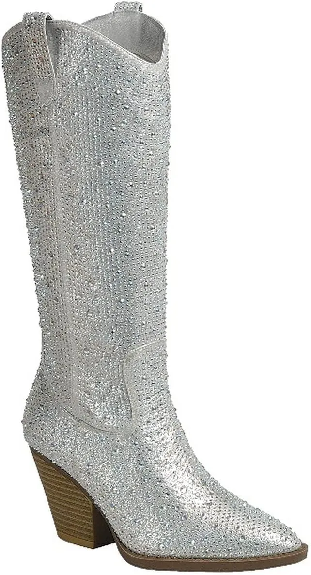 Forever Women Rhinestone Western Cowboy Pointed Toe Knee High Pull-on Boots
