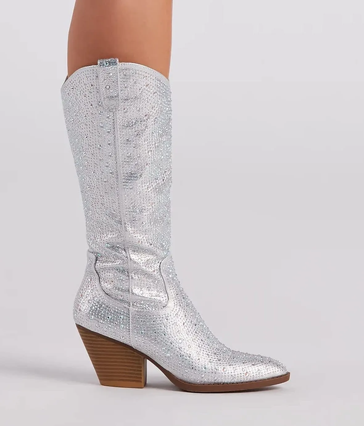 Forever Women Rhinestone Western Cowboy Pointed Toe Knee High Pull-on Boots