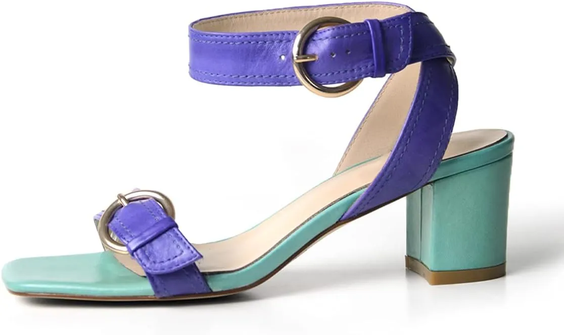 FSJ Women Open Toe Ankle Strap Mid Block Chunky Heels Two Straps Slingback Sandals Buckle Fashion Party Dress Shoes