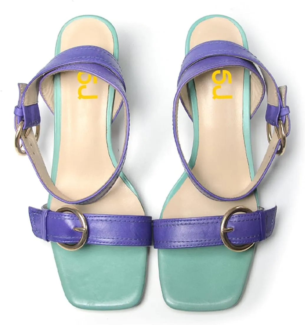 FSJ Women Open Toe Ankle Strap Mid Block Chunky Heels Two Straps Slingback Sandals Buckle Fashion Party Dress Shoes