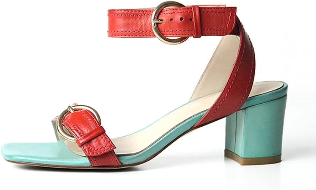 FSJ Women Open Toe Ankle Strap Mid Block Chunky Heels Two Straps Slingback Sandals Buckle Fashion Party Dress Shoes