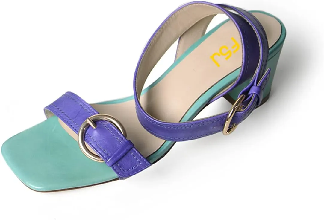 FSJ Women Open Toe Ankle Strap Mid Block Chunky Heels Two Straps Slingback Sandals Buckle Fashion Party Dress Shoes