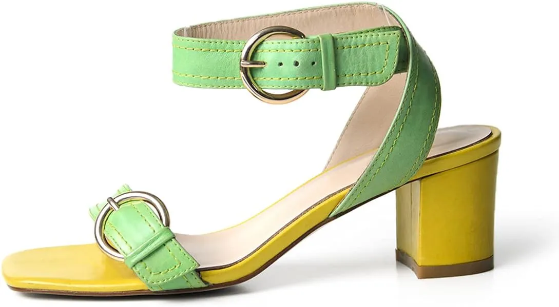 FSJ Women Open Toe Ankle Strap Mid Block Chunky Heels Two Straps Slingback Sandals Buckle Fashion Party Dress Shoes