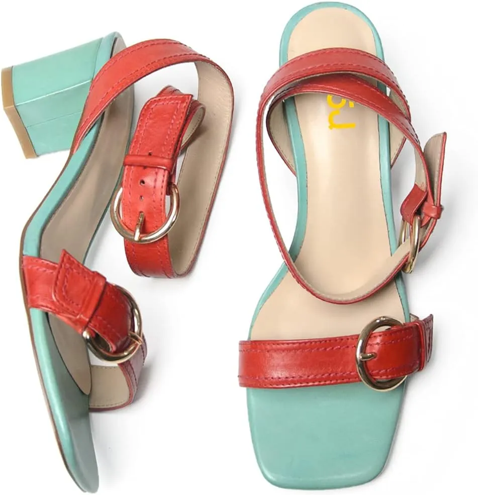 FSJ Women Open Toe Ankle Strap Mid Block Chunky Heels Two Straps Slingback Sandals Buckle Fashion Party Dress Shoes