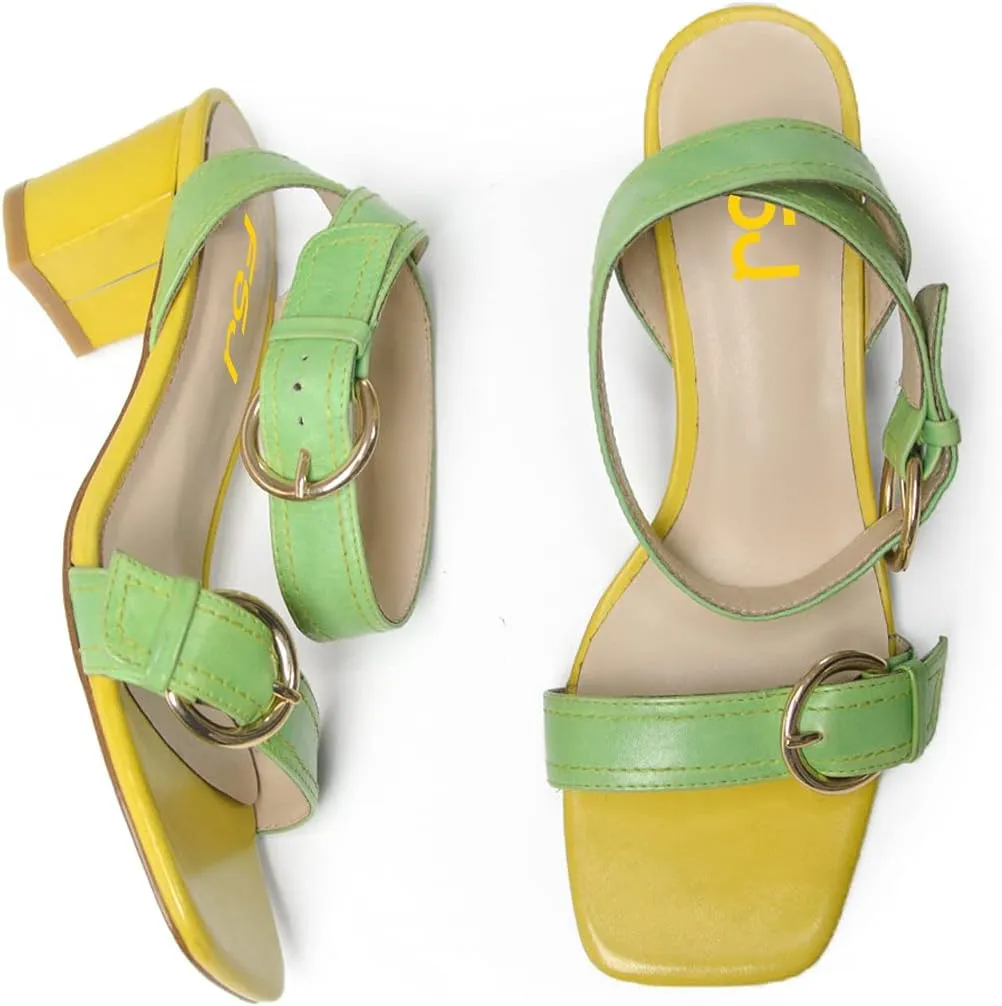 FSJ Women Open Toe Ankle Strap Mid Block Chunky Heels Two Straps Slingback Sandals Buckle Fashion Party Dress Shoes