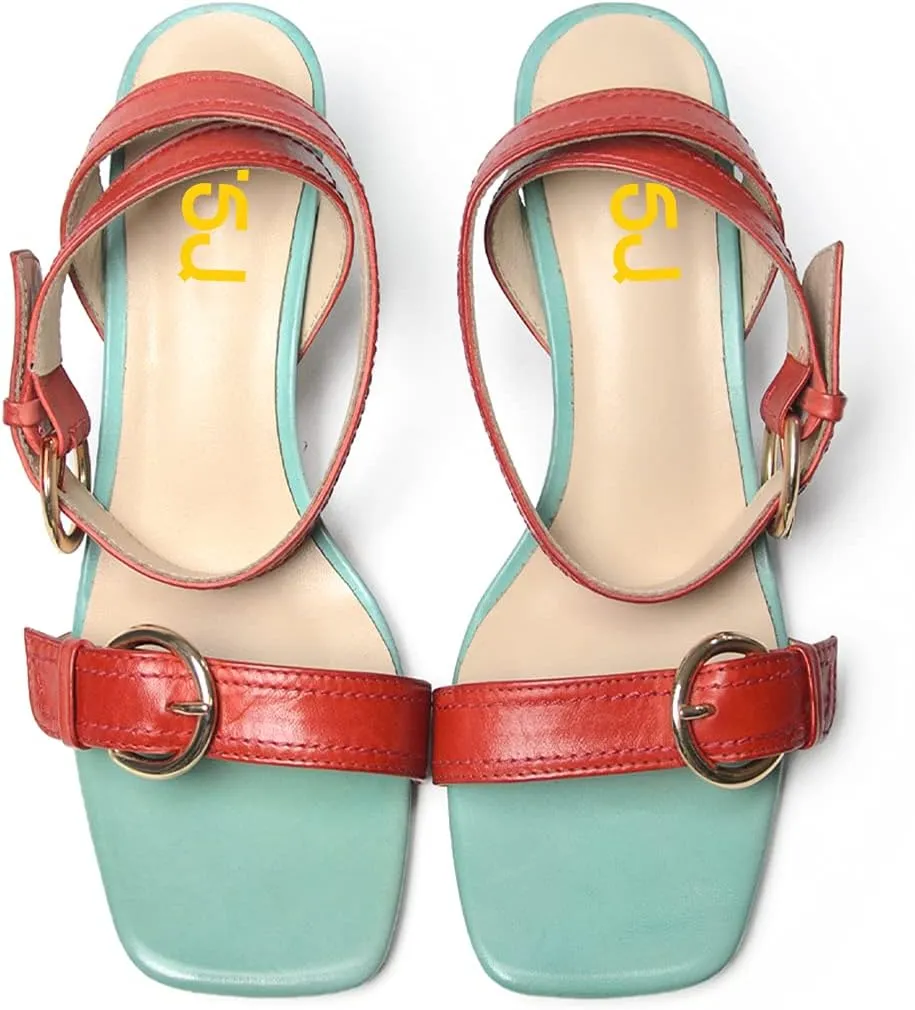 FSJ Women Open Toe Ankle Strap Mid Block Chunky Heels Two Straps Slingback Sandals Buckle Fashion Party Dress Shoes