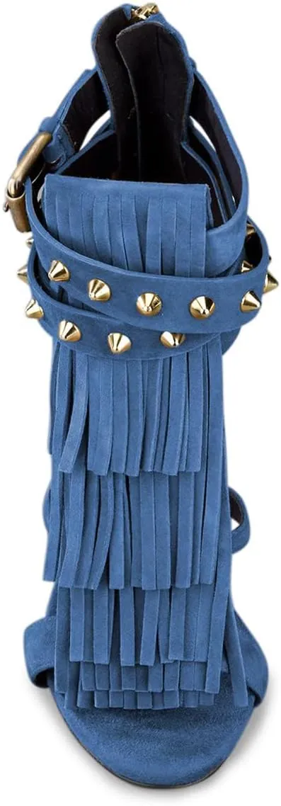 FSJ Women Tassels Gladiator Heeled Sandals Open Toe Stiletto High Heel Fringed Rivets Ankle Strap Back Zipper Shoes Size 4-15 US