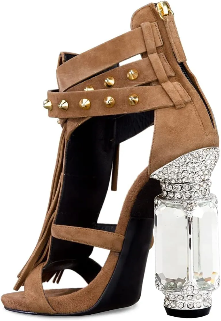 FSJ Women Tassels Gladiator Heeled Sandals Open Toe Stiletto High Heel Fringed Rivets Ankle Strap Back Zipper Shoes Size 4-15 US