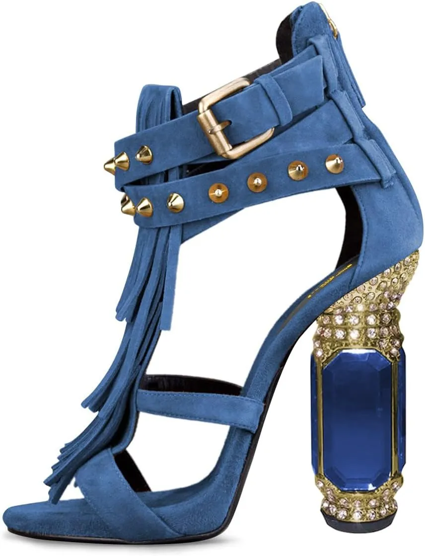 FSJ Women Tassels Gladiator Heeled Sandals Open Toe Stiletto High Heel Fringed Rivets Ankle Strap Back Zipper Shoes Size 4-15 US