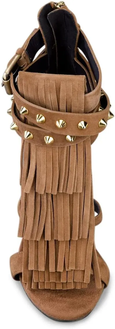 FSJ Women Tassels Gladiator Heeled Sandals Open Toe Stiletto High Heel Fringed Rivets Ankle Strap Back Zipper Shoes Size 4-15 US