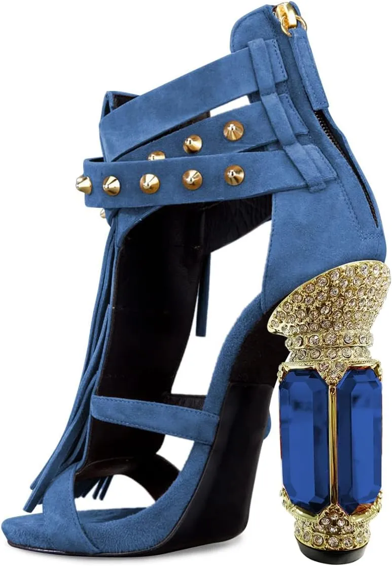 FSJ Women Tassels Gladiator Heeled Sandals Open Toe Stiletto High Heel Fringed Rivets Ankle Strap Back Zipper Shoes Size 4-15 US