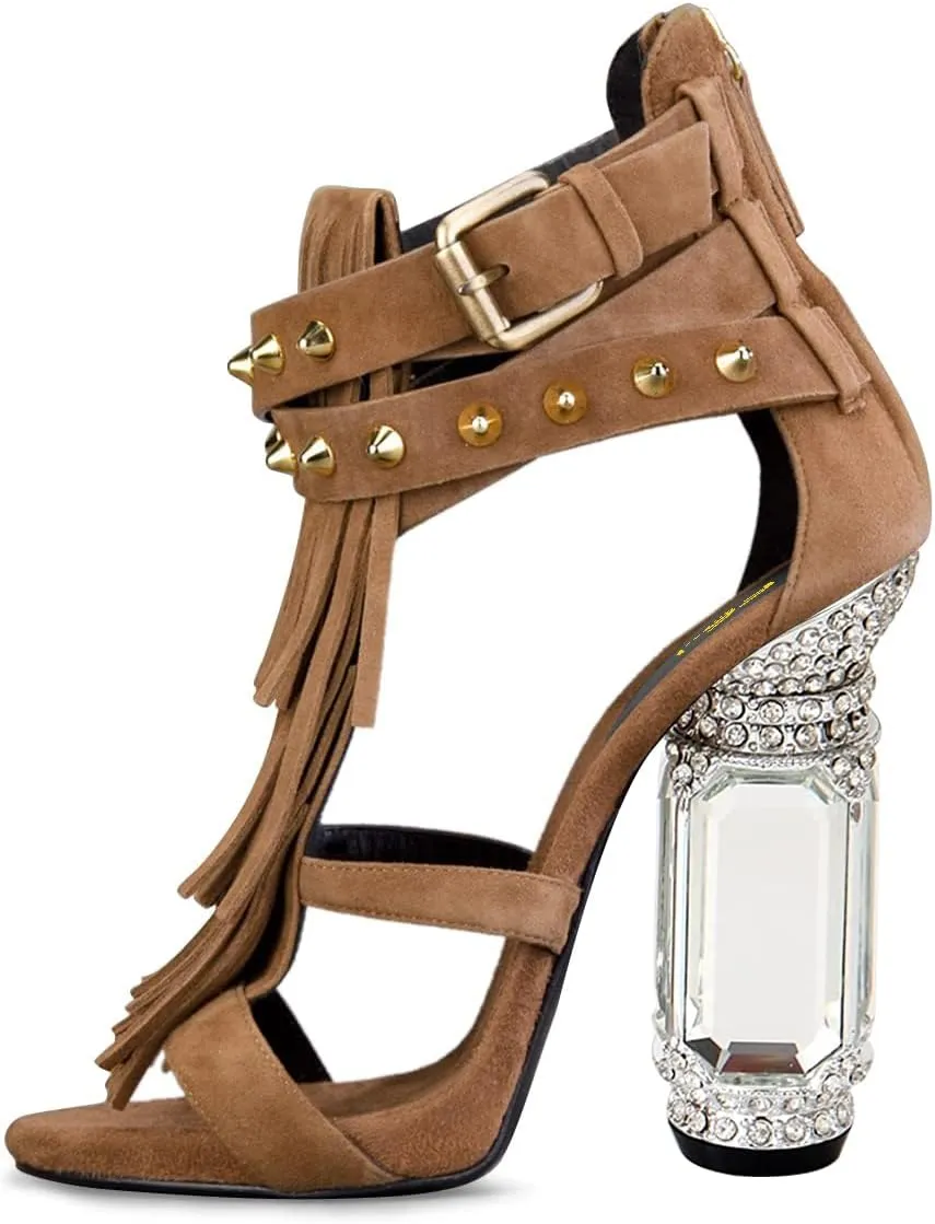 FSJ Women Tassels Gladiator Heeled Sandals Open Toe Stiletto High Heel Fringed Rivets Ankle Strap Back Zipper Shoes Size 4-15 US